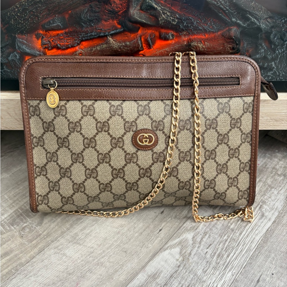 Auth GUCCI Vintage GG Pattern Canvas & Brown Leather Clutch Purse Bag crossbody